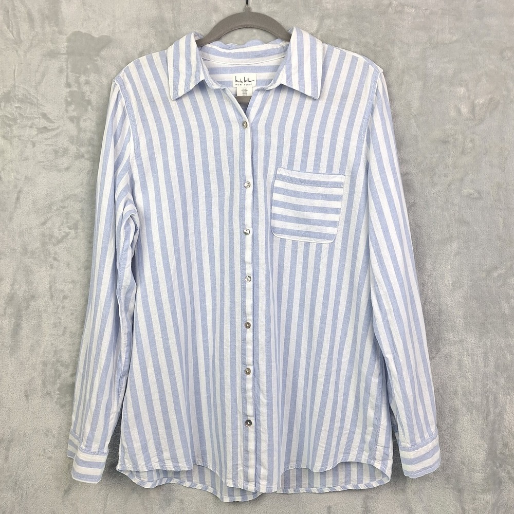 Nicole Miller Top Womens Medium Linen Blend Blue Stripe Coastal Beach Oversized